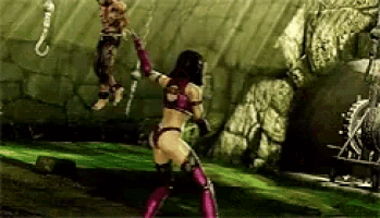 a video game scene with a woman holding a man 's head