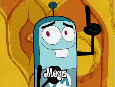 a cartoon character with the word mega written on it