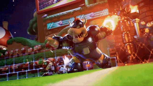a video game character named bowser is playing a game of baseball