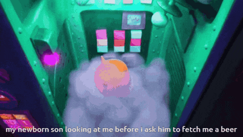 a screenshot of a video game with the words " my newborn son looking at me before i ask him to fetch me a beer "