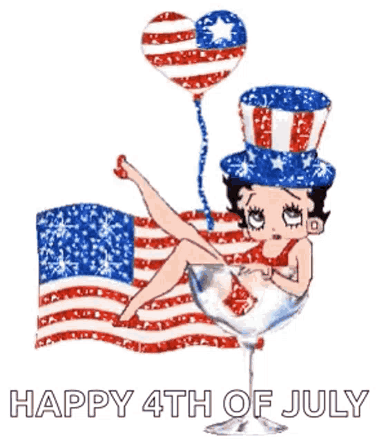 betty boop is sitting in a martini glass with an american flag behind her