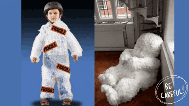 a child wearing a fragile costume next to a chair