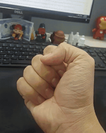 a person 's fist is in front of a dell computer