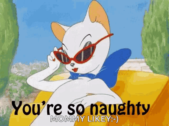 a cartoon cat wearing sunglasses says you 're so naughty mommy likey :)