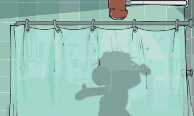 a cartoon drawing of a shower curtain with a shadow of a person behind it