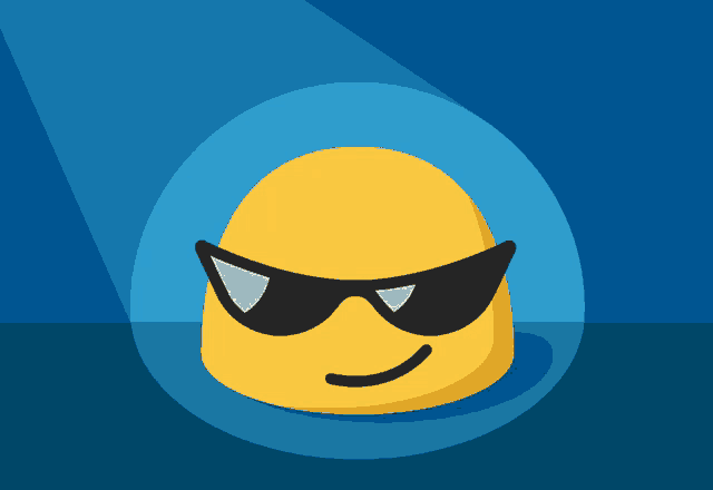 a yellow smiley face wearing sunglasses is surrounded by a blue background