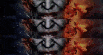 a collage of images of a woman 's face with fire in the background