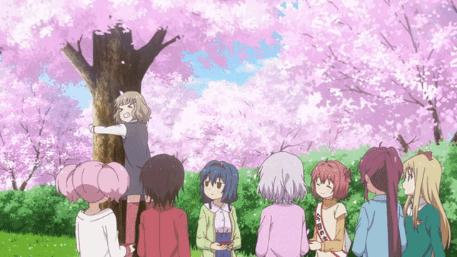 a group of anime girls are standing around a tree with cherry blossoms in the background