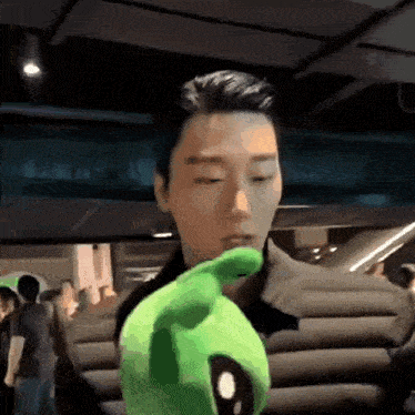 a man holding a green stuffed animal in front of his face .