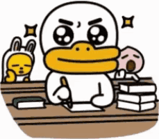 a duck is sitting at a desk with a stack of books and a rabbit behind him .