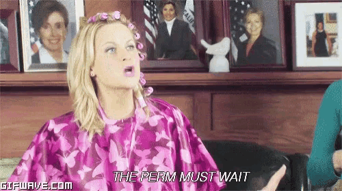a woman with curlers in her hair is wearing a pink cape that says the perm must wait .