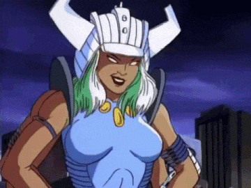 a cartoon character is wearing a helmet with horns on it