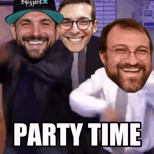 three men are posing for a picture with the text party time