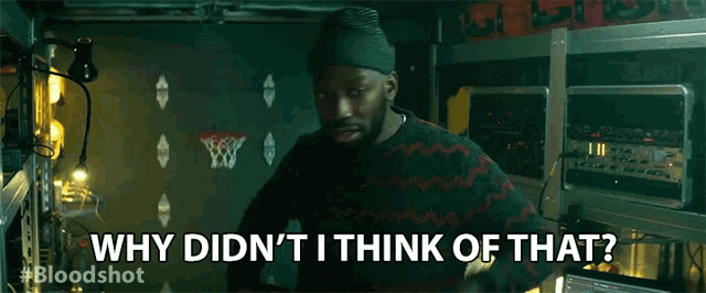 a man says " why didn 't i think of that " in front of a basketball net