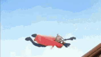 a cartoon character is flying through the air with a sniper rifle