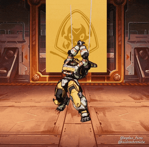 a robot is dancing in front of a yellow sign that says ' apollos_fenz ' on it