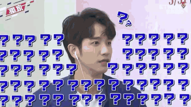 a man wearing headphones is surrounded by a bunch of question marks .