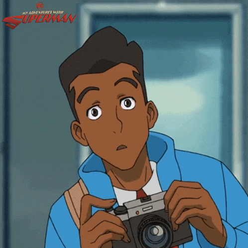 a cartoon of a man taking a picture with the words my adventures with superman below him