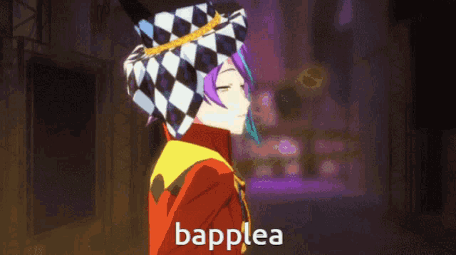 a purple haired anime character wearing a top hat and a red jacket says bapplea