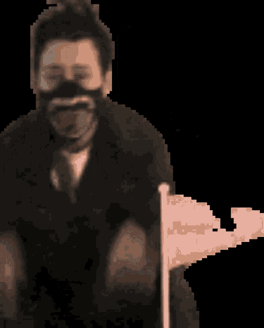 a pixel art of a man holding a flag that says pride