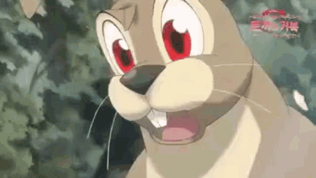 a close up of a cartoon rabbit with red eyes and a big mouth .