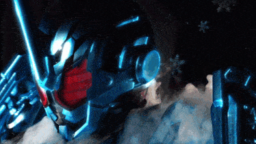 a close up of a robot 's helmet with a red and blue light coming out of it