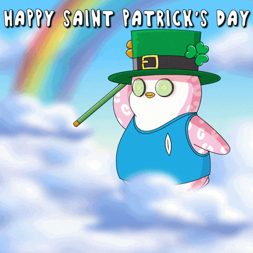 a happy saint patrick 's day greeting card with a cartoon penguin wearing a leprechaun hat