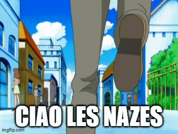a person walking down a street with the words ciao les nazes written on the bottom