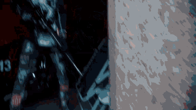 a man in a military uniform is holding a gun in a dark room with a brick wall in the background .