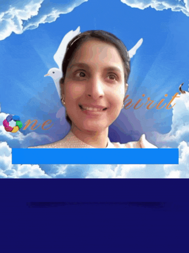 a woman is smiling in front of a blue sky with the words one without on it