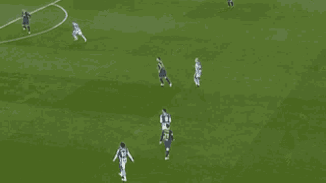 a group of soccer players are playing a game on a soccer field