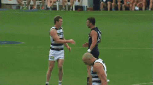 two men shaking hands on a soccer field .