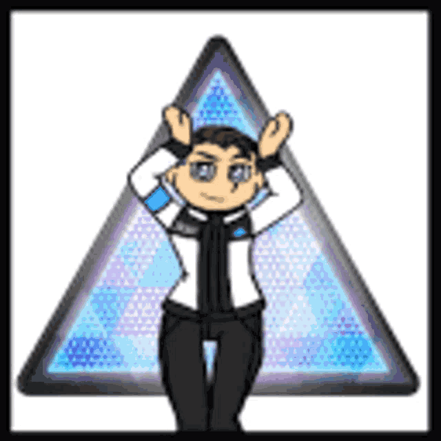 a cartoon character is standing in front of a blue triangle .