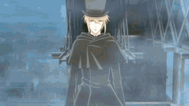 a man in a top hat reaches out his hand towards another man