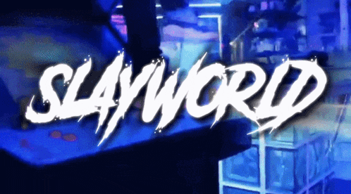 the word slayworld that is on a dark blue background
