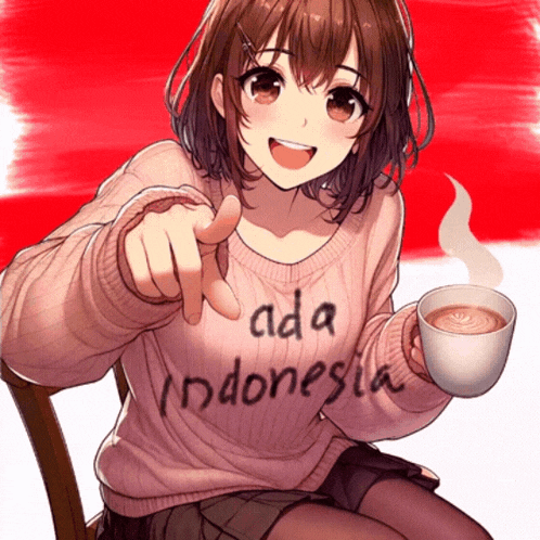 a girl wearing a sweater that says ada indonesia is pointing at the camera