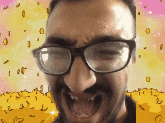 a man wearing glasses is making a face with his mouth open