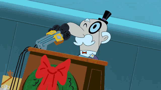 a cartoon character is giving a speech at a podium with a bow on it