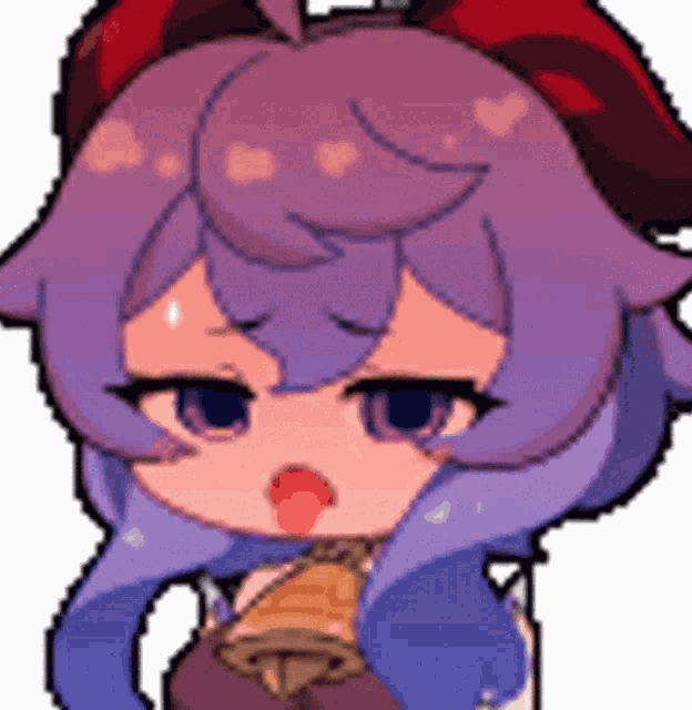 a pixel art drawing of a girl with purple hair and a bell in her hand .