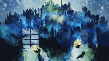a painting of a city at night with a few buildings in the background