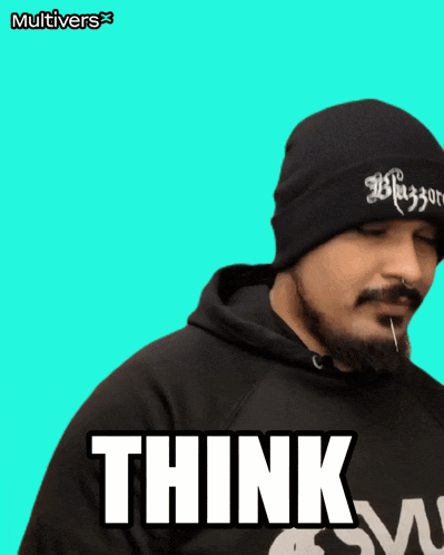 a man wearing a black hat and a black hoodie says " think "