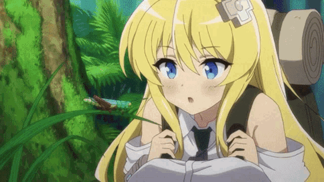 a girl with blonde hair and blue eyes is looking at a dragonfly