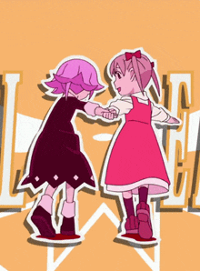 a cartoon of two girls holding hands with the letter l on the background