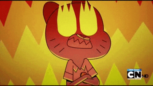 a cartoon character from the amazing world of gumball is standing with his arms crossed and his mouth open .