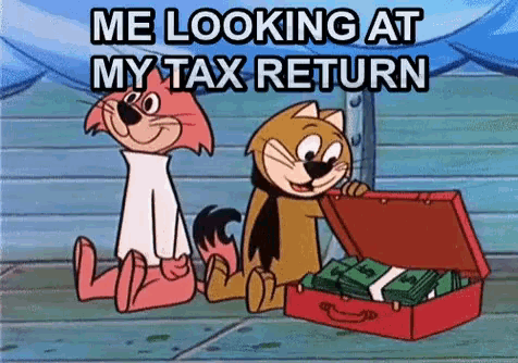 a cartoon of two cats looking at a suitcase full of money with the words " me looking at my tax return " above them