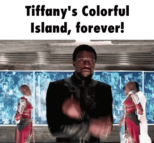 a man in a black suit is standing in front of a screen that says tiffany 's colorful island forever
