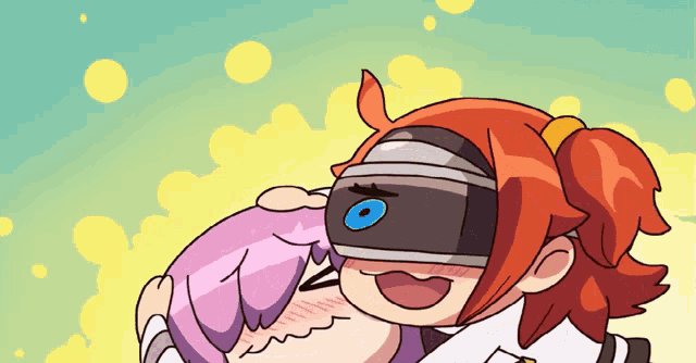 a cartoon character wearing a virtual reality headset kisses another character