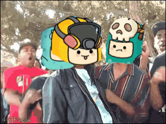 a group of people with cartoon faces on their heads including one with a skull on it