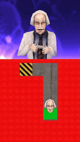 a man in a lab coat and tie is holding a remote control over a red wall