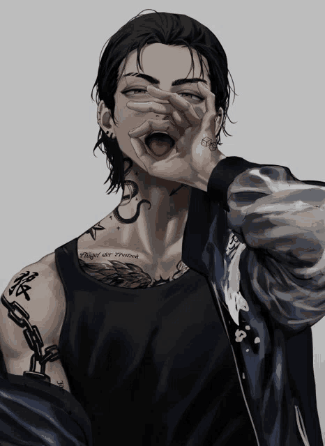 a drawing of a man with a tattoo on his arm that says " might be proud "